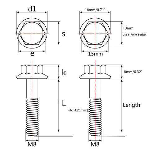 Wanyifa titanium DIN6921 flange head bolt, M8 x 40 mm, pack of 4; front and side view technical drawing