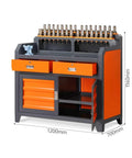 Heavy Duty Industrial Steel Workbench With Pegboard And Lockable Drawers, Large Garage Shop Cart For Craftsmen with dimensions and drawers.