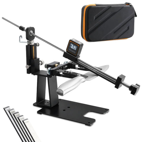 Premium Precision Knife Sharpening System With Adjustable Angle Guide Pro Grade Sharpening Kit Featuring Five Diamond And Ceramic Stones For Kitchen Hunting And Pocket Carry Delivers Razor Sharp Edges Every Time shown with five stones and carry case.