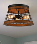 Round Wood Ceiling Light Fixture, Rustic Drum Flush Mount With Brown Oak Finish And Black Metal Wire Cage, Industrial Farmhouse Vibe For Living Room, E26 120V, 60W Max