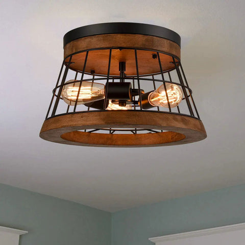 Round Wood Ceiling Light Fixture, Rustic Drum Flush Mount With Brown Oak Finish And Black Metal Wire Cage, Industrial Farmhouse Vibe For Living Room, E26 120V, 60W Max