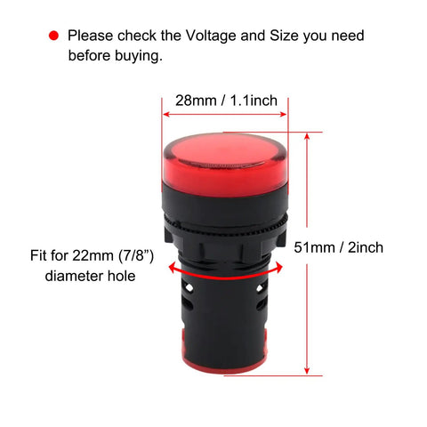 Red LED Indicator Light Kit 110V AC DC 20mA Flush Panel Mount 22mm Hole, size 28mm width, 51mm height