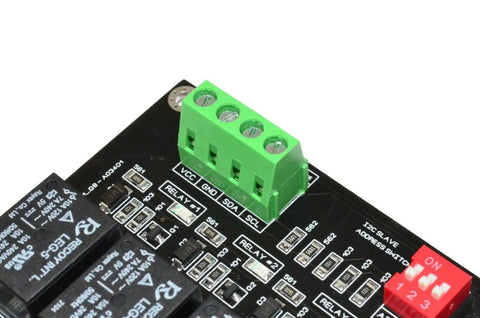 Close-up of Eight Channel I2C Relay Module for Arduino Raspberry Pi ESP32 and Home Assistant with SPDT contacts and connectors.