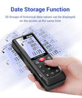 Rock Solid Bluetooth Laser Distance Measurer With 229 Foot Range And IP54 Weather Defense displaying data values on screen