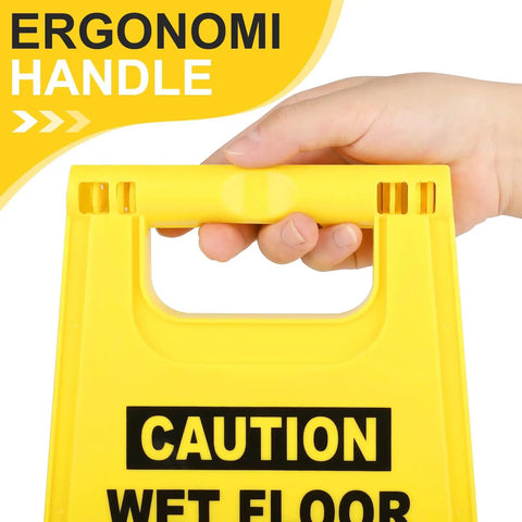 Hand holding 8 Pack Caution Wet Floor Signs, 17.5 Inch Yellow Safety Warning Signs For High Traffic Areas with ergonomic handle
