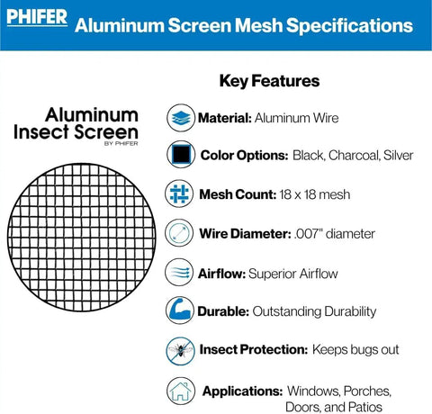 Aluminum Insect Screen specifications showing material, color options, mesh count, and applications for Top Shelf Aluminum Insect Screen Mesh Roll.