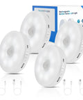 Four Bright LED Rechargeable Motion Sensor Light For Indoor Use Stick On Puck Lights with USB cables and packaging