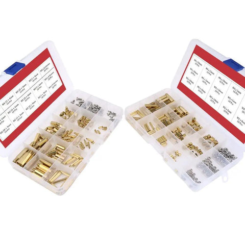 360 Piece M2 M3 M4 Brass Spacer Standoff Kit With Male And Female Nuts For DIY Projects And Electronics in storage box.