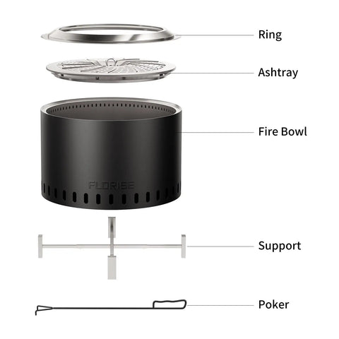Exploded view of 27 Inch Smokeless Outdoor Fire Pit With Water Resistant Cover And Poker, showing ring, ashtray, fire bowl, support, and poker.