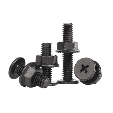 Black 304 Stainless Steel M6 Cross Head Screws With 12mm Flat Head And Flange Nuts Kit, 30 Sets, showing pile of screws and nuts
