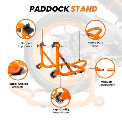 Beefy Paddock Lift Stand For Rear Wheel With Fork And Swingarm Spool, Heavy Duty Motorcycle Stand, 529 Lbs Capacity shown with features