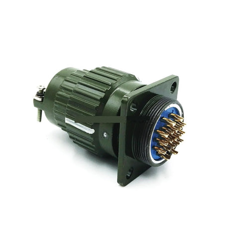 Angled side view of Y2M series military circular connector; green housing, blue pin insert, flange mount