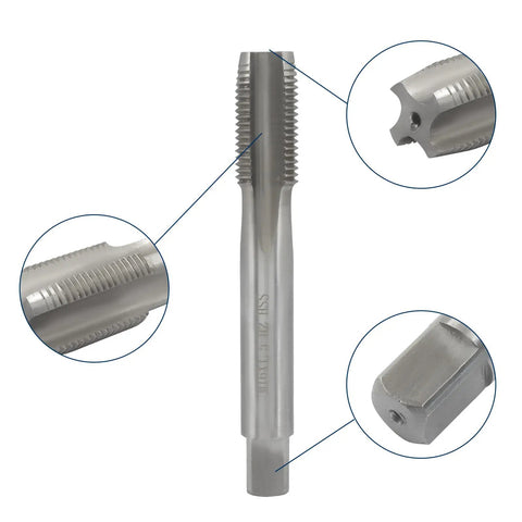 M16 1.5 Metric Tap And Die Set showing high-speed steel tap with close-up details of threading and tip angle.