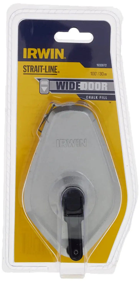 Packaging of Strait-Line Chalk Reel Pro Grade With 100 Foot Abrasion Resistant Poly Line, featuring durable aluminum housing.