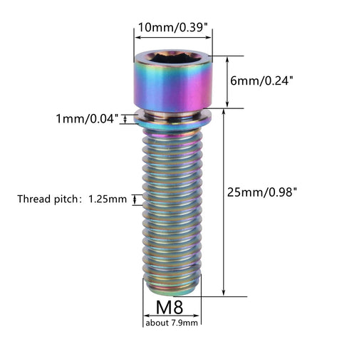 Bike stem bolt, rainbow titanium finish, M8×25mm with washer, 6-pack (close-up)