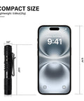 Ultra Bright Mini LED Pen Light Pocket Size Flashlight beside smartphone, showing compact 3.55 inch size and 0.88oz weight.