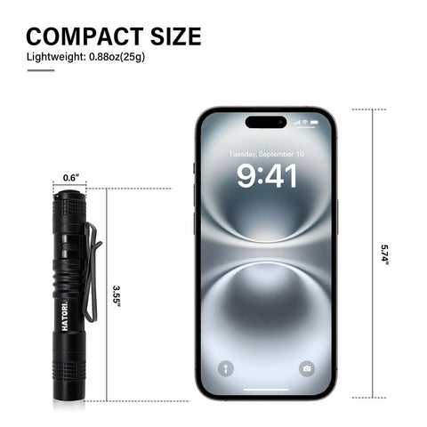 Ultra Bright Mini LED Pen Light Pocket Size Flashlight beside smartphone, showing compact 3.55 inch size and 0.88oz weight.