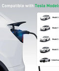 Tesla Level 2 EV Charger 9.6 kW 40A 240V With NEMA 14-50 Plug charging a Tesla car with compatible model list shown