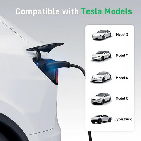 Tesla Level 2 EV Charger 9.6 kW 40A 240V With NEMA 14-50 Plug charging a Tesla car with compatible model list shown
