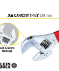 Adjustable Drive Wrench With Extra Capacity Jaw For Big Jobs Forged Alloy Steel Construction High Polish Chrome Finish Laser Etched Inch And Metric Markings Plastic Dipped Handle 12 Inch showing jaw capacity and markings