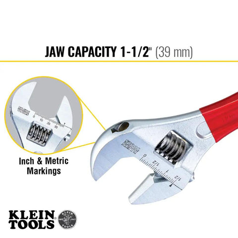 Adjustable Drive Wrench With Extra Capacity Jaw For Big Jobs Forged Alloy Steel Construction High Polish Chrome Finish Laser Etched Inch And Metric Markings Plastic Dipped Handle 12 Inch showing jaw capacity and markings
