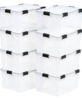 Legit Heavy Duty Stackable Storage Tote Bins 8 Pack 62.8 Quart Clear Black Plastic Gasket Boxes stacked with latching lids.