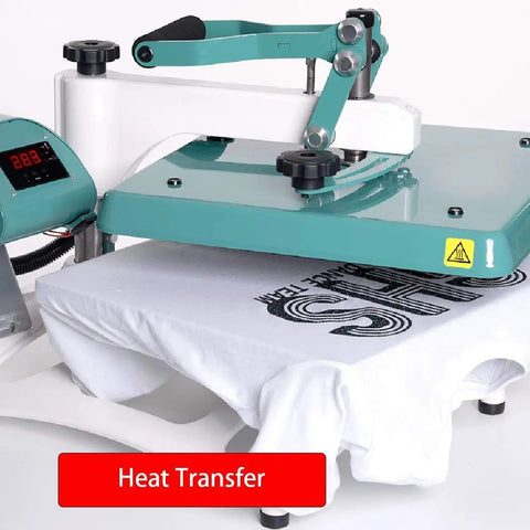 Heat transfer machine pressing design onto a white t-shirt with digital display showing temperature settings