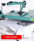 Heat transfer machine pressing design onto white T-shirt with digital temperature display visible