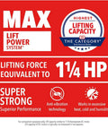 Bulletproof Smart Garage Door Opener With Smooth Belt Drive Plus Reliable Battery Backup spec sheet showing 1¼ HP lifting capacity.