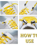 30 Sets No Tie Shoelace Buckle Clasps For Sneakers And Boots Elastic Lace Tips In Gunmetal Gold And Platinum Quick Lock Lacing For 15 Pairs No Fuss Fit For Hiking Shoes Craft Projects Jewelry Making And Gear Repair on white sneaker with yellow laces