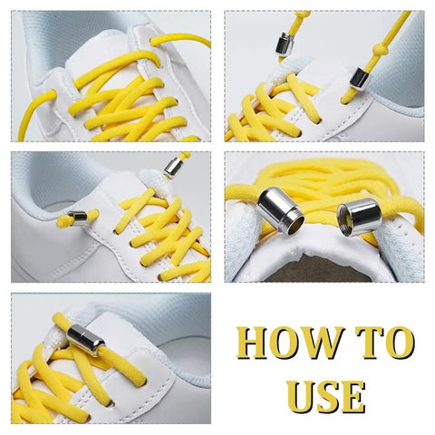 30 Sets No Tie Shoelace Buckle Clasps For Sneakers And Boots Elastic Lace Tips In Gunmetal Gold And Platinum Quick Lock Lacing For 15 Pairs No Fuss Fit For Hiking Shoes Craft Projects Jewelry Making And Gear Repair on white sneaker with yellow laces