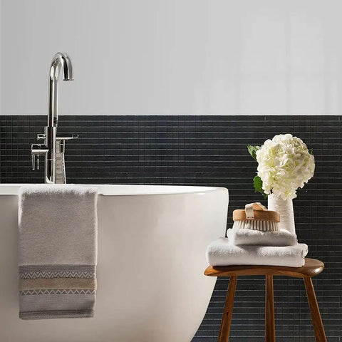 Bathroom with DIY Self Adhesive Peel And Stick Backsplash Tiles In Brushed Aluminum Finish For Kitchen Walls, black mosaic detail.