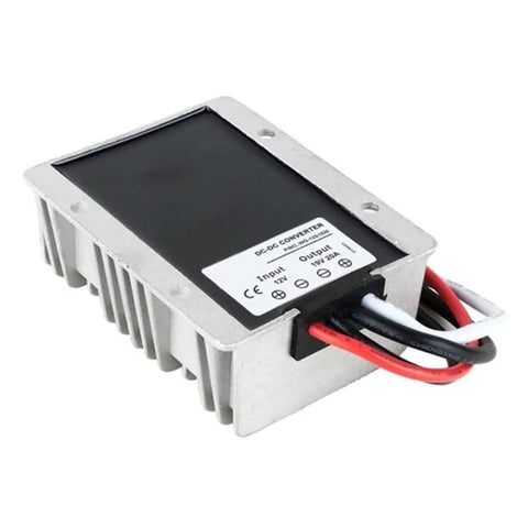 Zero Drama And Top Notch Heavy Duty DC To DC Buck Converter 60V To 12V Step Down Voltage Regulator with multiple wires and metal casing.