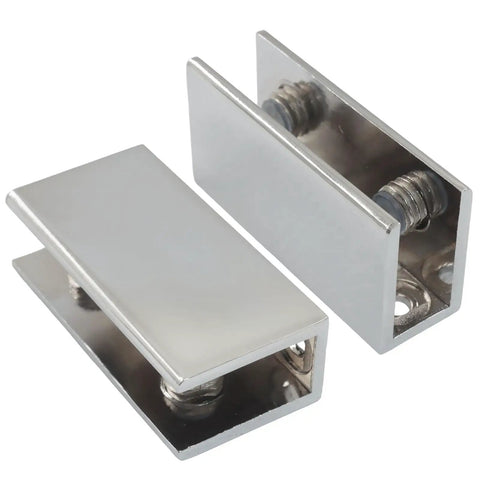 Two Pack Heavy Duty Glass Shelf Brackets With Adjustable Clamp Clips For 10 To 12mm Glass, Square Wall Mounts, Sturdy Zinc Alloy Construction