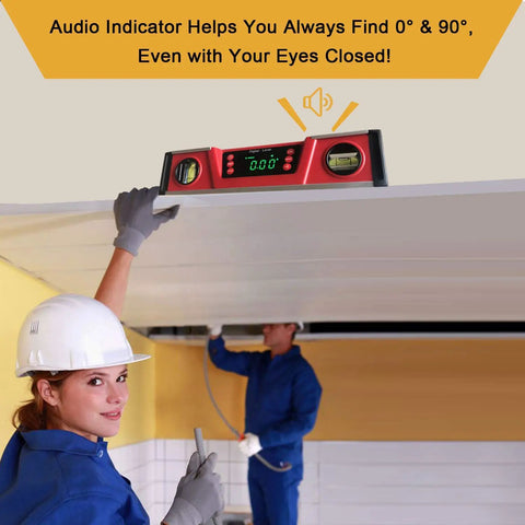 Worker using 10-Inch Digital Torpedo Level With Protractor, Magnetic Base With Neodymium Magnets, Bright LED Readout indoors.