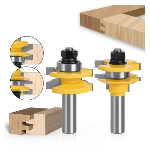 Premium 2-Piece Rail And Stile Router Bit Set For Crafting Solid Wood Doors With Pro Coping Cutters and matching profiles, carbide tips.