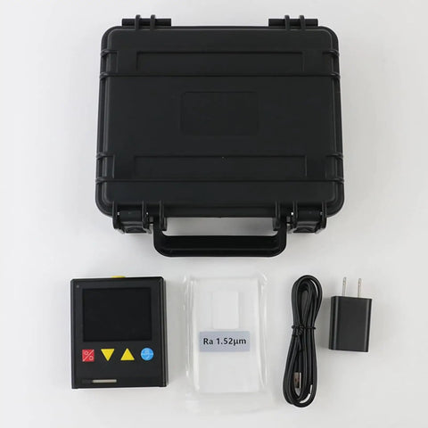 Handheld Digital Surface Roughness Meter For Metals And Nonmetals Ra Rz Rq Rt Rp Rv Rc Readouts 2.4-Inch IPS LCD Portable Roughness Tester With Auto Power Off Low-Power Design Field Ready. black case with meter, probe, cable, charger, and Ra 1.52µm reference