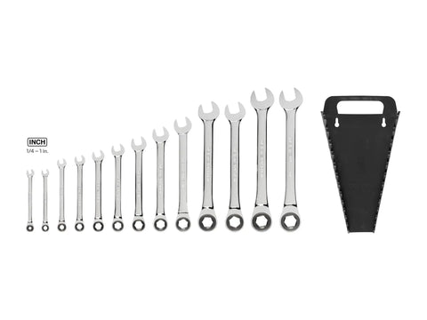 Ratcheting Wrench Set, Thirteen Piece, From Quarter Inch To One Inch, With Wrench Holder, Six Point Box Ends Grip Flat Sides