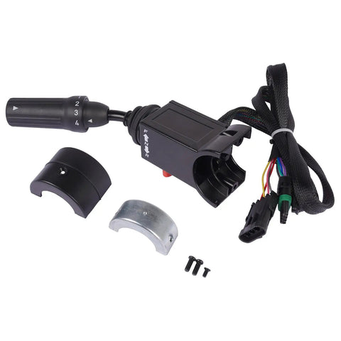 Transmission Shifter Assembly OEM Replacement 238270A1 For Case And New Holland Wheel Loaders DW2 DW3 Heavy Duty Easy Fit Transmission Control Part For Smooth Shifting, Beefy Performance, And Wide Model Compatibility. black shifter assembly with wiring harness, clamps, and screws