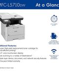 Kick Butt Heavy Duty Monochrome Laser All In One Printer With Automatic Duplex Print Scan Copy High Speed Office Workhorse Plug And Play Bundle Includes Usb And Hdmi Cables, showing front view with touchscreen.