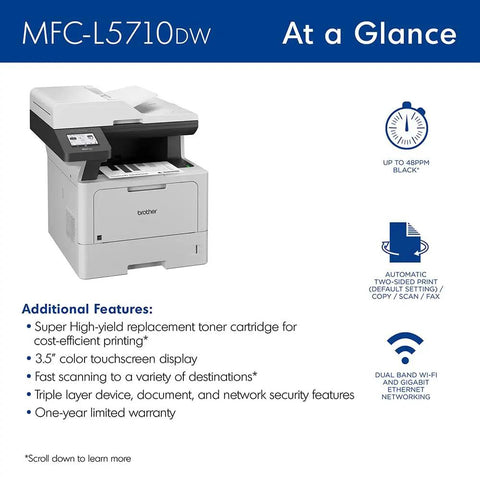 Kick Butt Heavy Duty Monochrome Laser All In One Printer With Automatic Duplex Print Scan Copy High Speed Office Workhorse Plug And Play Bundle Includes Usb And Hdmi Cables, showing front view with touchscreen.
