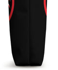 Side view of Dragon Boat Race Tote Bag For Fans And Crews Dope Festival Style Carryall With Bold Boat Race Artwork, black fabric