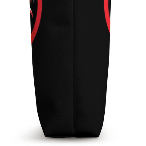 Side view of Dragon Boat Race Tote Bag For Fans And Crews Dope Festival Style Carryall With Bold Boat Race Artwork, black fabric