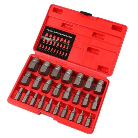 Rock Solid 25PC British System Screw Extractor Kit Made From Tough Molybdenum Steel For Torquing Stubborn Hex Bolts And Studs On Classic UK Spec Cars, red case open