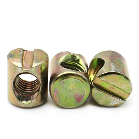 Rock Solid Cross Dowel Barrel Nut Hardware Built For DIY Woodworking M6 M8 with zinc plated finish, 10 pack shown.