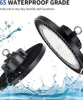 LED High Bay Light 200W 28000lm 5000K UFO Shop Light with plug, IP65 waterproof, side view showing hook and cable for installation