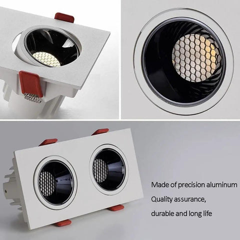Top Shelf 24W LED Recessed Downlights With Quick Gimbal Retrofit Fit Triple Color Temp Swap From Cozy To Bright White Bold CRI90 Lighting Bullseye Dual Head Pivot Fully Dimmable 30 Degree Spotlight showcasing aluminum housing and dual gimbal heads.