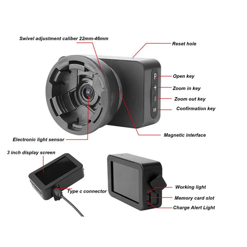 4K HD Eyepiece Camera For Telescopes With 3 Inch LCD Display And 5X Digital Zoom showing labeled parts and features