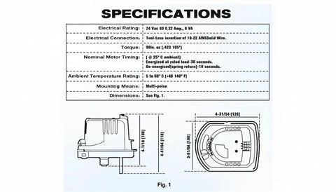Specifications diagram for Plug-and-Play Direct Replacement Motor For ARD And ZD Zone Dampers 24V Actuator For M847D1004 Easy Swap