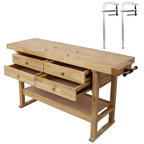 Beefy Heavy Duty Wooden Workbench With Four Drawers And Rubber Wood Top, 60 Inch Garage Shop Table With Two 16 Inch F Clamps, 330 Pounds Capacity.